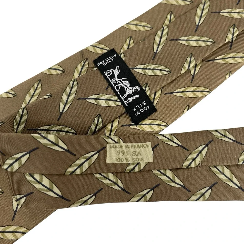 Hermes Men's Tie Feathers Bronze Satin Silk 995 SA France 3.5